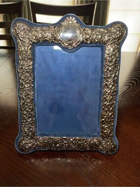 Ornate Blue Velvet and Silver Picture Frame with shades of bronze coloring 5x7
